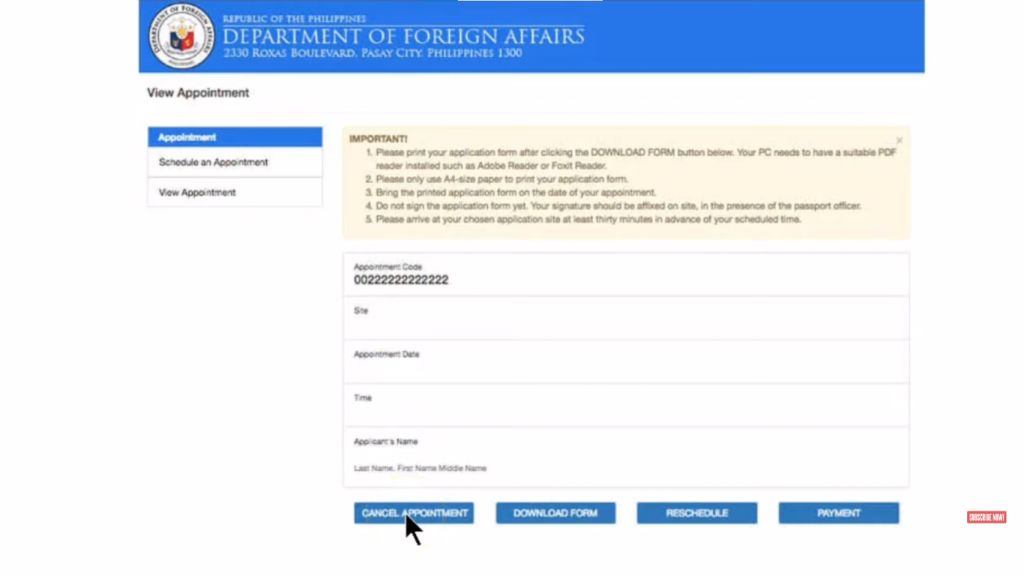 Philippine Department of Foreign Affairs online appointment system with options to cancel, download form, reschedule, or make payment.