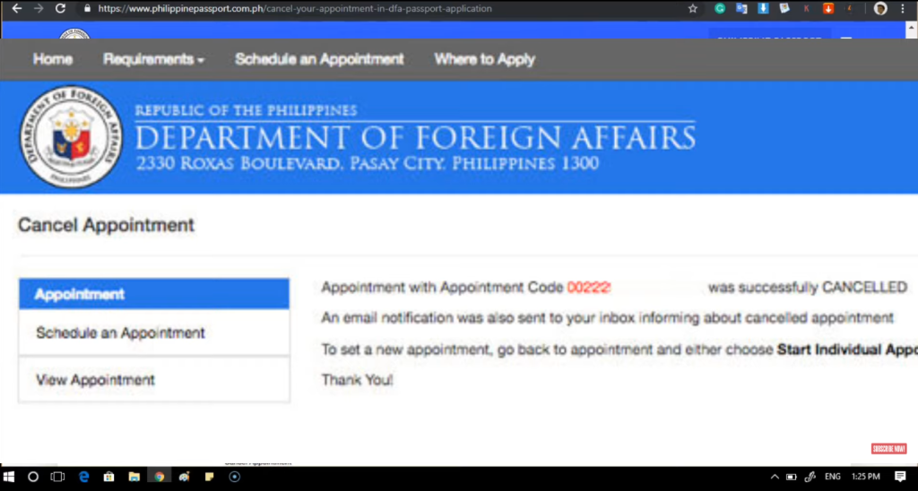 Screenshot of the Department of Foreign Affairs, Philippines website showing a successfully cancelled appointment notification.