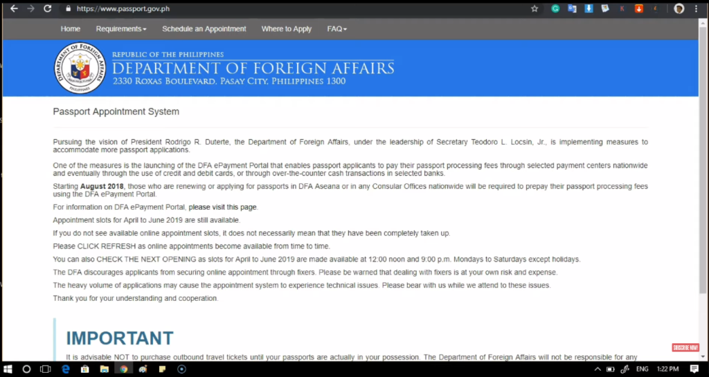 DFA Passport Appointment System webpage.