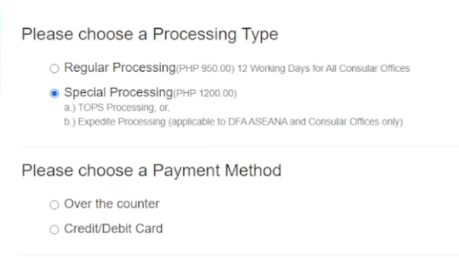 Please choose your process type and payment method