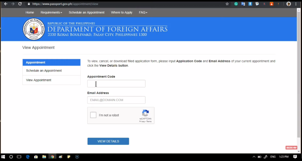 Philippine Department of Foreign Affairs website showing the page, with fields for appointment code and email address.