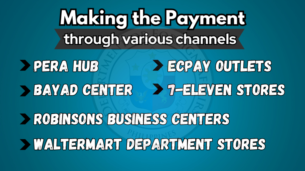 Making the Payment through various channels: PERA HUB, Bayad Center, Robinsons Business Centers, Waltermart Department Stores, ECPay Outlets, 7-Eleven Stores.